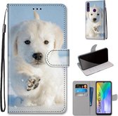 Voor Huawei Y6p Gekleurde Tekening Cross Textuur Horizontale Flip PU Lederen Case met Houder & Kaartsleuven & Portemonnee & Lanyard (Sneeuw Puppy)