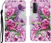 Voor Huawei P Smart 2021 / Y7a Gekleurde Tekening Patroon Horizontale Flip PU Lederen Case met Houder & Kaartsleuven & Portemonnee & Lanyard (Rose Vlinder)