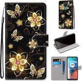 Voor Motorola Moto E7 Gekleurde Tekening Cross Textuur Horizontale Flip PU Lederen Case met Houder & Kaartsleuven & Portemonnee & Lanyard (Goud Diamant Vlinder)