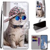 Voor OPPO A52 / A92 / A72 Gekleurde tekening Cross Texture Horizontale Flip PU lederen tas met houder & kaartsleuven & portemonnee & lanyard (Slant Hat Blue Mirror Cat)