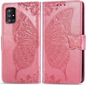 Voor Galaxy A71 5G vlinder liefde bloem reliëf horizontale flip lederen tas met beugel / kaartsleuf / portemonnee / lanyard (roze)