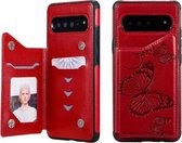 Voor Galaxy S10 5G vlinder reliëfpatroon schokbestendig beschermhoes met houder & kaartsleuven en fotolijst (rood)