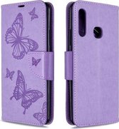 Voor Galaxy A70e Twee vlinders reliëfpatroon horizontaal Flip lederen tas met houder & kaartsleuf & portemonnee & lanyard (paars)