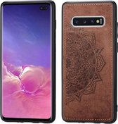 Voor Galaxy S10 + reliëf Mandala-patroon PC + TPU + stoffen telefoonhoes met draagkoord en magnetisch (bruin)