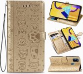 Voor Galaxy M30S schattige kat en hond reliëf horizontale flip lederen tas met beugel / kaartsleuf / portemonnee / lanyard (goud)