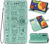 Voor Galaxy A50 / A30S / A50S Leuke Kat en Hond Reliëf Horizontale Flip Leren Case met Beugel / Kaartsleuf / Portemonnee / Lanyard (Groen)