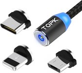 TOPK 2m 2,4A Max USB naar 8-pins + USB-C / Type-C + Micro USB Nylon gevlochten magnetische oplaadkabel met LED-indicator (zwart)