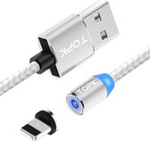 TOPK 1m 2.4A Max USB naar 8-pins nylon gevlochten magnetische oplaadkabel met LED-indicator (zilver)