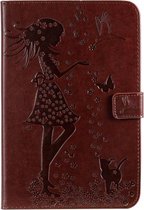 Geperst afdrukken Vrouw en kat patroon horizontale flip lederen tas met houder & kaartsleuven & portemonnee (bruin)