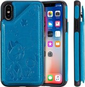 Voor iPhone X Cat Bee Embossing Pattern Schokbestendige beschermhoes met kaartsleuven en fotolijst (blauw)