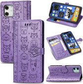 Voor iPhone 12 mini Leuke Kat en Hond In reliëf gemaakte Horizontale Leren Flip Case met Houder & Kaartsleuven & Portemonnee & Lanyard (Paars)