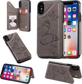 Voor iPhone X & XS Butterfly Embossing Pattern Schokbestendige beschermhoes met houder & kaartsleuven & fotolijst (grijs)