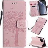 Tree & Cat Pattern Pressed Printing Horizontale Flip PU lederen tas met houder & kaartsleuven & portemonnee & lanyard voor iPhone 11 Pro (Rose Gold)