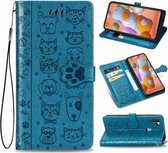 Voor Galaxy M11 schattige kat en hond reliëf horizontale flip lederen tas met beugel / kaartsleuf / portemonnee / lanyard (blauw)