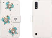 Voor Galaxy A01 horizontale flip effen kleur strass lederen tas met kaartsleuf & portemonnee & houder (drie vlinders)