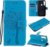 Voor Motorola One Fusion + Tree & Cat Pattern Pressed Printing Horizontale Flip PU lederen tas met houder & kaartsleuven & portemonnee & lanyard (blauw)