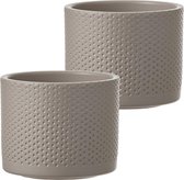 Set van 2x stuks bloempot in kleur relief taupe keramiek voor kamerplant H10 x D12 cm- plantenpotten binnen