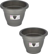 Set van 2x stuks grijze ronde plantenpot/bloempot kunststof diameter 16 cm - Plantenbakken/bloembakken voor buiten