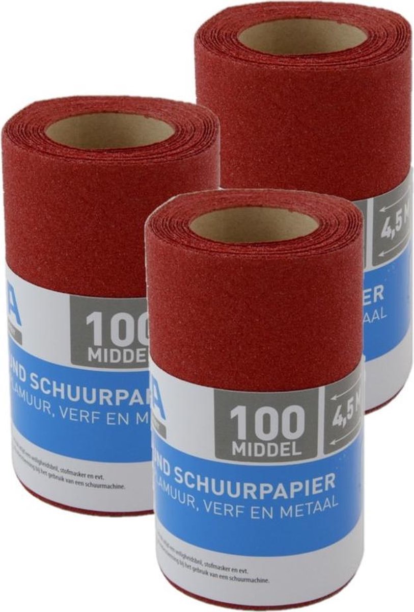 3x rollen Schuurpapier - Middel - P100 - 110mm x 4,5 meter - Korrelgrofte 100 - Verf/klus materiaal benodigdheden