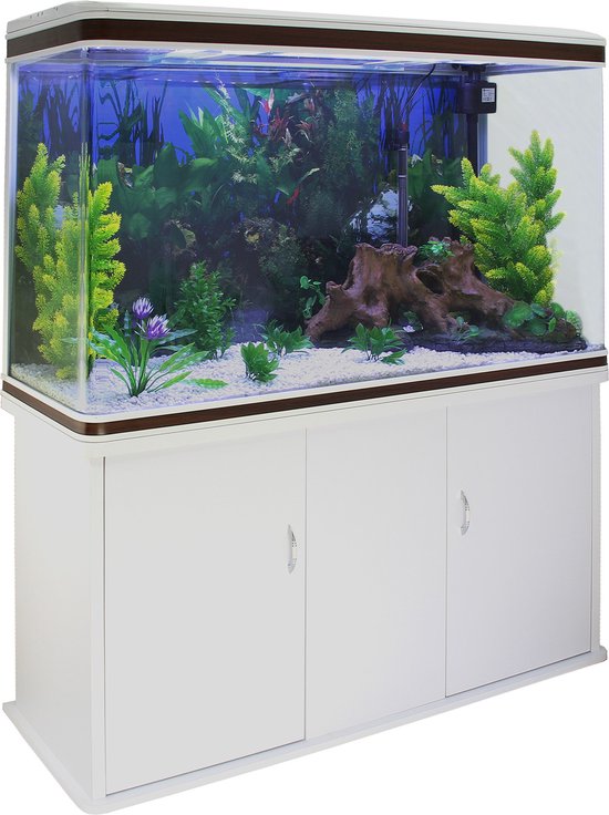 Aquarium 300 L Wit starterset inclusief meubel - wit grind - 120.5 cm x 39 cm x 143,5 cm - filter, verwarming, ornament, kunstplanten, luchtpomp fish tank