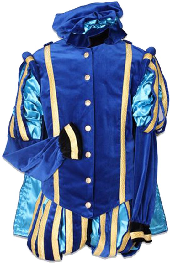 Blauw fluwelen Pietenpak met gouden banden, blauwe pofmouwen, een bijpassende baret.