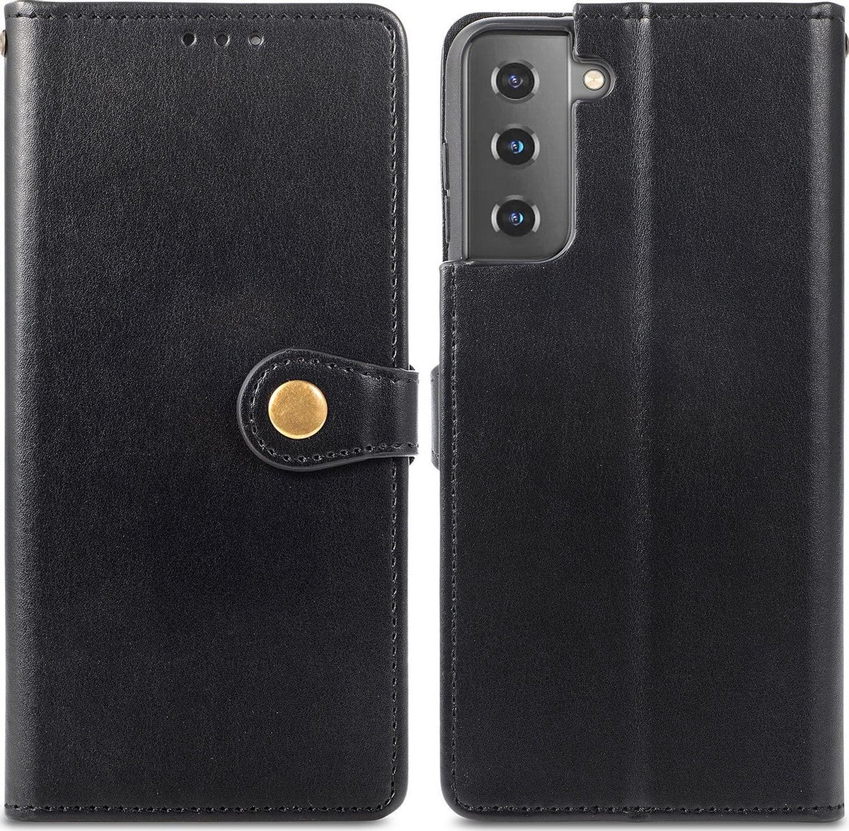 Mobigear Telefoonhoesje geschikt voor Samsung Galaxy S21 Hoesje | Mobigear Snap Button Bookcase Portemonnee | Pasjeshouder voor 3 Pasjes | Telefoonhoesje voor Pinpas / OV Kaart / Rijbewijs - Zwart
