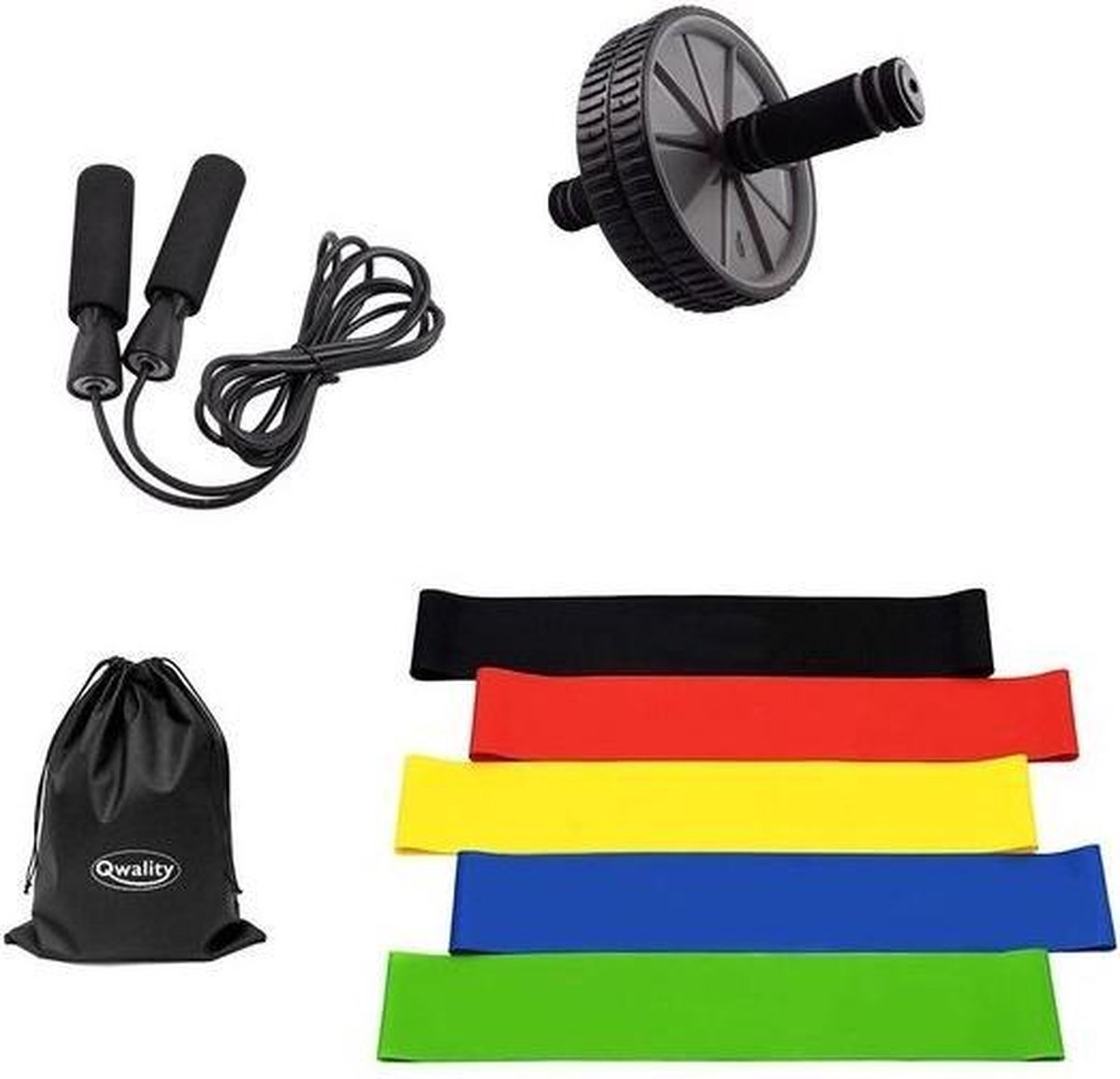 Weerstandsbanden – Ab Wheel Roller – Springtouw - Sport Elastiek Banden - Thuis Train Set - Fitness - Inclusief Oefeningen - Qwality
