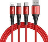 JOYROOM S-1230G4 3A 3-in-1 USB naar 8-pins + micro-USB + Type-C / USB-C snellaaddatakabel Lengte: 1,2 m (rood)