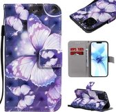 3D-schilderij Horizontale lederen flip-hoes met houder en kaartsleuf en draagkoord voor iPhone 12/12 Pro (paarse vlinders)