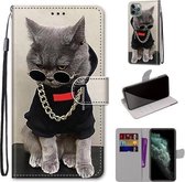 Gekleurde tekening Cross Texture Horizontale Flip PU lederen hoes met houder & kaartsleuven & portemonnee & lanyard voor iPhone 11 Pro Max (B09 Golden Chain Grey Cat)