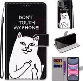 Gekleurde tekening Cross Texture Horizontale Flip PU lederen tas met houder & kaartsleuven & portemonnee & lanyard voor iPhone 11 (middelvinger witte kat)