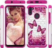 Voor Samsung Galaxy A11 Gekleurd tekenpatroon met Diamond PC + TPU beschermhoes (Rose Butterfly)