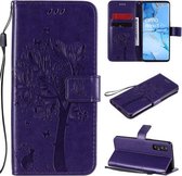 Voor Oppo Reno3 Pro 5G / Find X2 Neo Tree & Cat Reliëfpatroon Horizontale Flip lederen tas met houder & kaartsleuven & portemonnee & lanyard (paars)