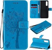 Voor Oppo Reno3 Pro 4G Boom & Kat Reliëfpatroon Horizontale Flip Leren Case met Houder & Kaartsleuven & Portemonnee & Lanyard (Blauw)