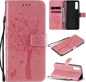 Voor Oppo Reno3 Pro 4G Boom & Kat Reliëfpatroon Horizontale Flip Leren Case met Houder & Kaartsleuven & Portemonnee & Lanyard (Roze)