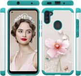 Voor Samsung Galaxy A11 Gekleurd tekeningpatroon PU Skinny + TPU beschermhoes (parelbloem)