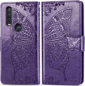 Voor Motorola One Action Butterfly Love Flower Reliëf Horizontale Flip Leather Case met Bracket Lanyard Card Slot Wallet (Dark Purple)