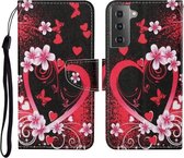 Voor Samsung Galaxy S21 5G Gekleurde Tekening Patroon Horizontale Flip Leren Case met Houder & Kaartsleuven & Portemonnee & Lanyard (Rood Hart)