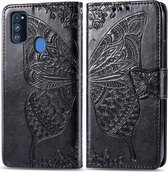 Voor Galaxy M30s Butterfly Love Flower Reliëf Horizontale Flip Leather Case met Bracket Lanyard Card Slot Wallet (Zwart)