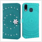 Voor Galaxy A20 Pressed Printing Sticking Drill Pattern Horizontale Flip PU lederen tas met houder & kaartsleuven & portemonnee & & lanyard (grasgroen)