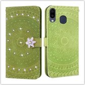 Voor Galaxy A20 Pressed Printing Sticking Drill Pattern Horizontale Flip PU lederen tas met houder & kaartsleuven & portemonnee & & lanyard (groen)