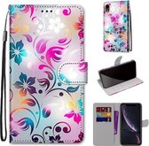 Gekleurde tekening Cross Texture Horizontale Flip PU lederen tas met houder & kaartsleuven & portemonnee & lanyard voor iPhone XR (gradiënt kleurrijke bloem)