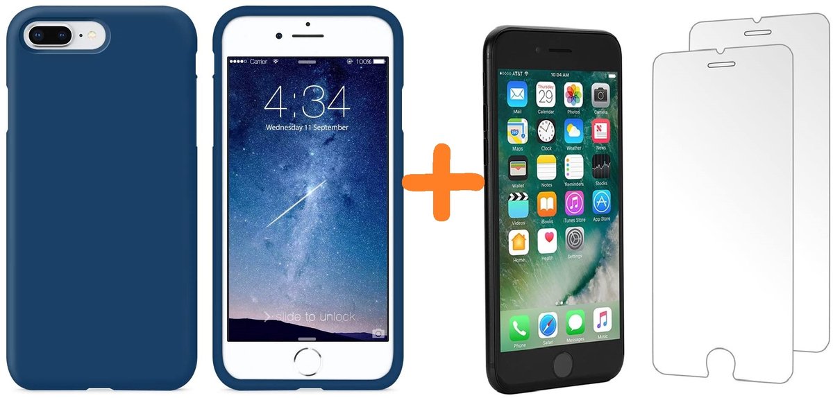 Hoesje Geschikt voor iPhone 7 Plus / 8 Plus - Liquid siliconen Hoesje Nano Navy case TPU backcover - met Screenprotector 2 stuks tempered glass