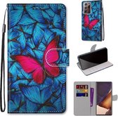 Voor Samsung Galaxy Note20 Ultra Gekleurde tekening Cross Texture Horizontale Flip PU lederen tas met houder & kaartsleuven & portemonnee & lanyard (grote rode vlinder op blauw)