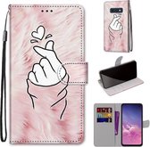 Voor Samsung Galaxy S10e Gekleurde Tekening Cross Textuur Horizontale Flip PU Lederen Case met Houder & Kaartsleuven & Portemonnee & Lanyard (Pink Hands Than Hearts)