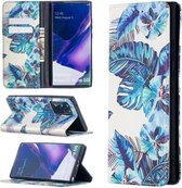 Voor Samsung Galaxy Note20 Ultra gekleurd tekening patroon onzichtbare magnetische horizontale flip PU lederen tas met houder & kaartsleuven & portemonnee (blauwe bladeren)