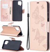 Voor Samsung Galaxy A12 Twee Vlinders Embossing Patroon Horizontale Flip Leren Case met Houder & Kaartsleuf & Portemonnee & Lanyard (Rose Goud)