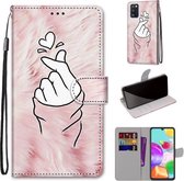 Voor Samsung Galaxy A41 Gekleurde Tekening Cross Textuur Horizontale Flip PU Lederen Case met Houder & Kaartsleuven & Portemonnee & Lanyard (Pink Hands Than Hearts)