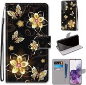 Voor Samsung Galaxy S21 + 5G Gekleurde tekening Cross Texture Horizontale Flip PU lederen hoes met houder & kaartsleuven & portemonnee & lanyard (Gold Diamond Butterfly)