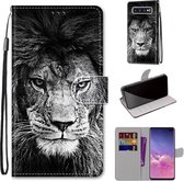 Voor Samsung Galaxy S10 + Gekleurde tekening Cross Texture Horizontale Flip PU lederen tas met houder & kaartsleuven & portemonnee & lanyard (zwart-witte leeuwenkop)
